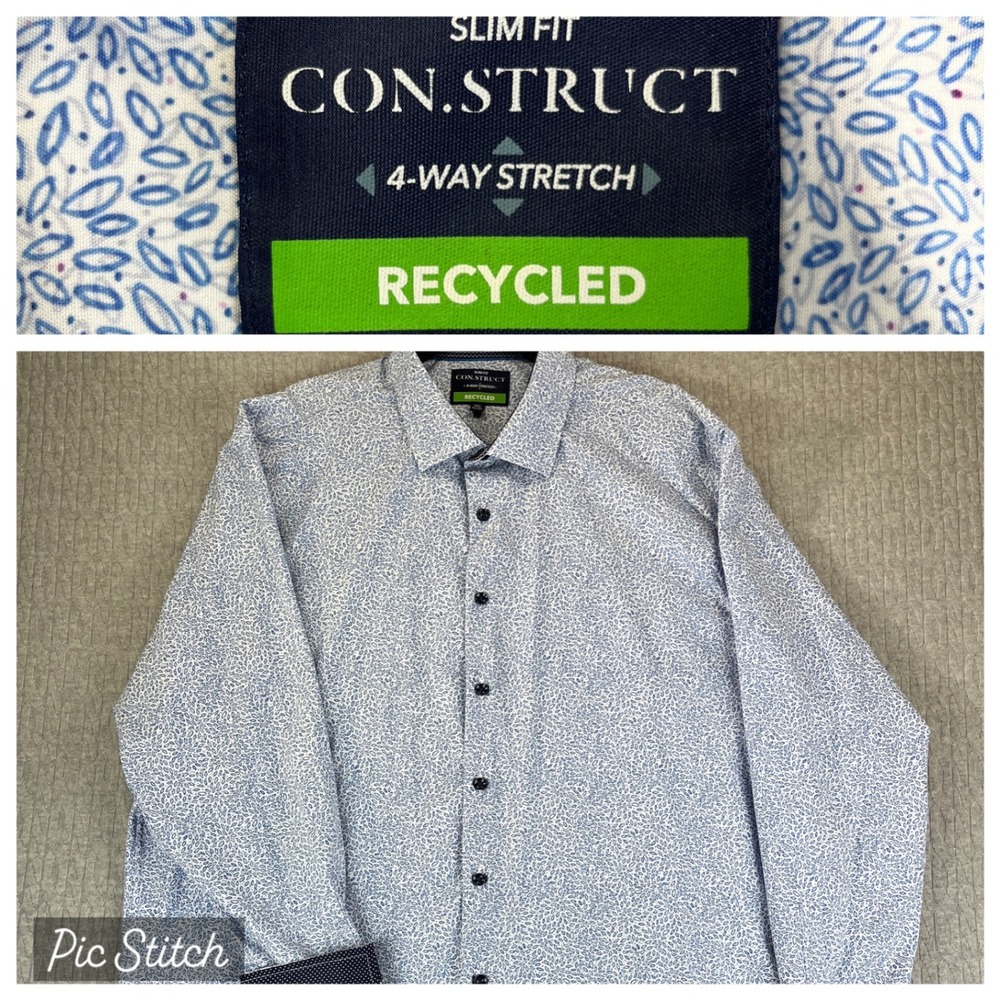 CONSTRUCT Slim Fit Blue Leaf Geometric Dress Shirt Men XXL Button Up long sleeve